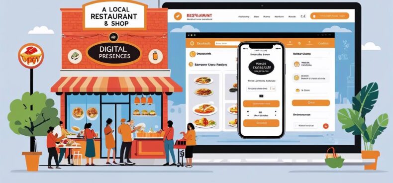 Illustration of a local restaurant going digital with a mobile-friendly website, showing online ordering, map, and menu features for small business growth in 2025