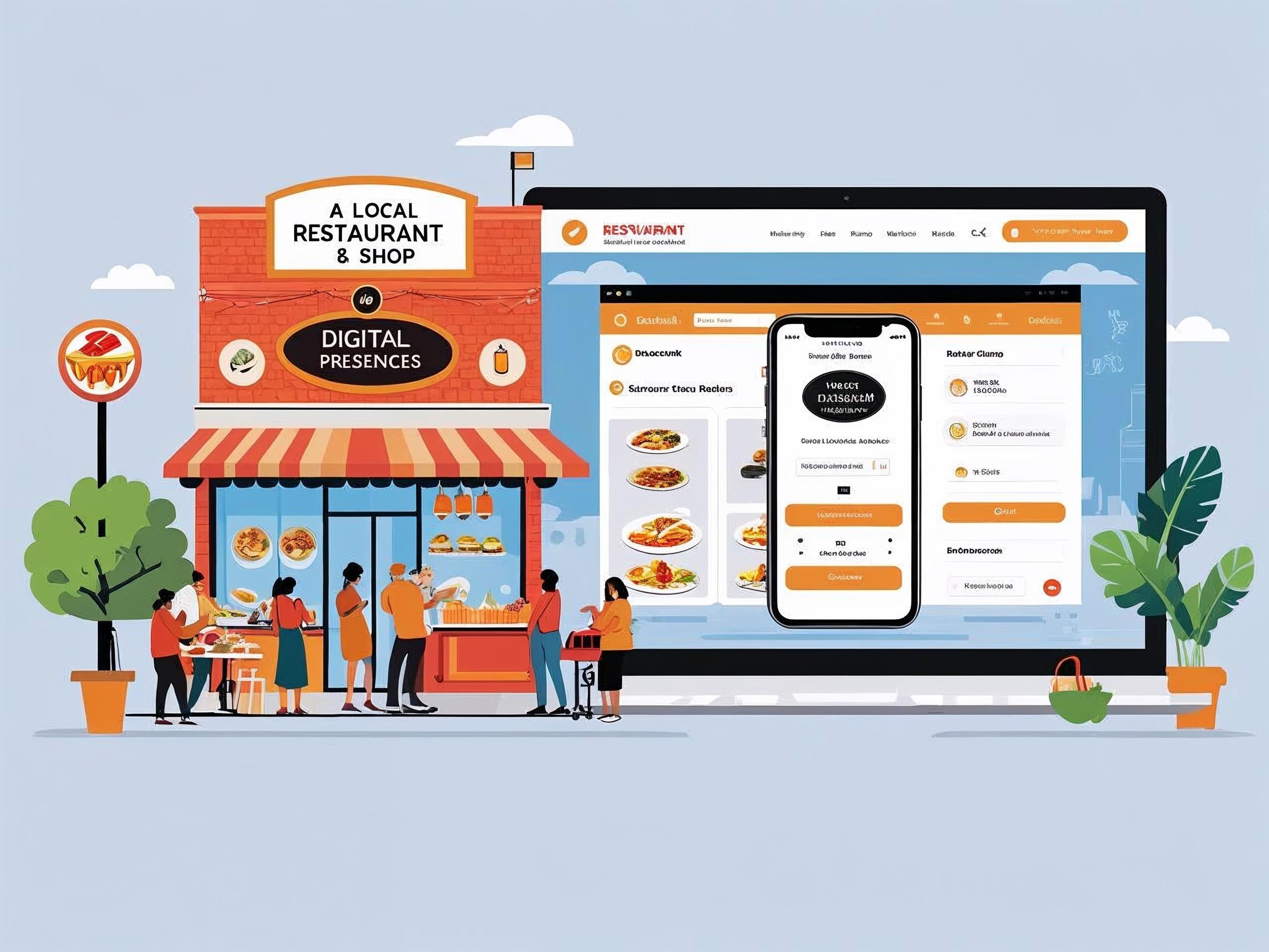 Illustration of a local restaurant going digital with a mobile-friendly website, showing online ordering, map, and menu features for small business growth in 2025