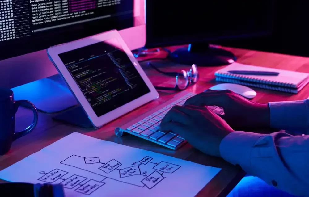 Person coding with digital devices