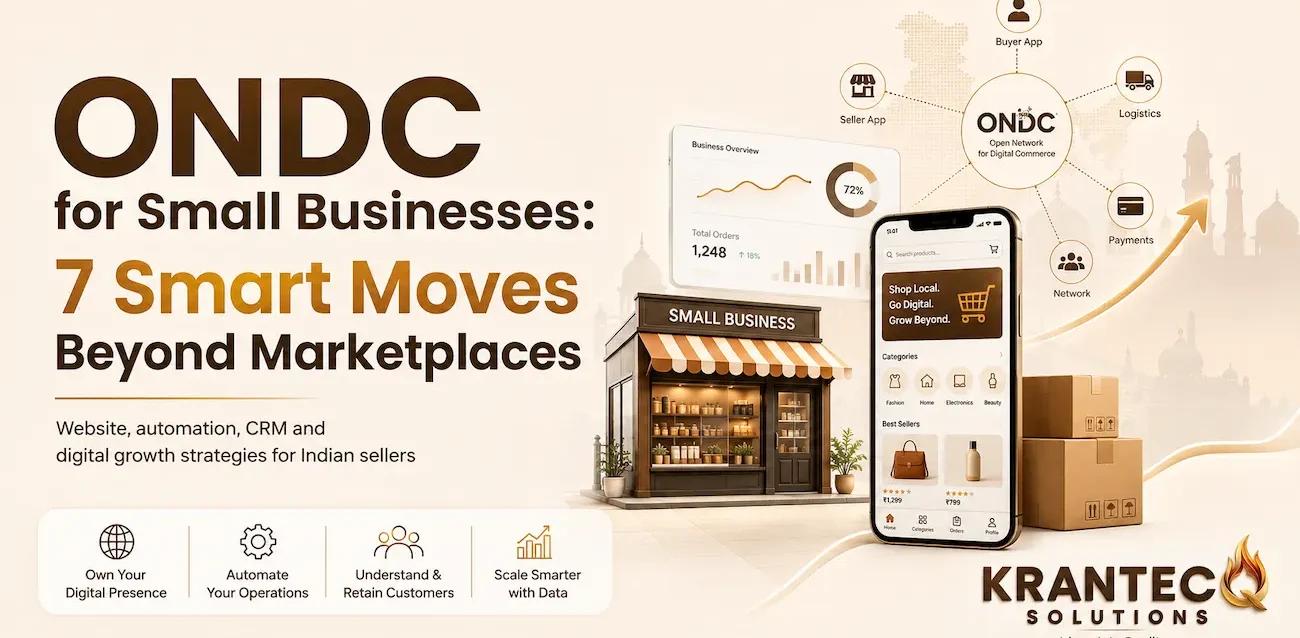 ONDC for small businesses ecommerce growth strategy with website, automation, CRM, seller dashboard and Krantecq Solutions branding.