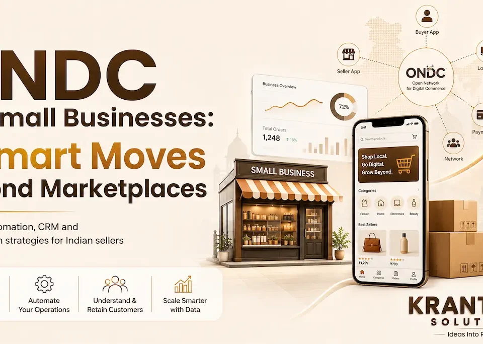 ONDC_for_Small_Businesses ONDC for small businesses ecommerce growth strategy with website, automation, CRM, seller dashboard and Krantecq Solutions branding.