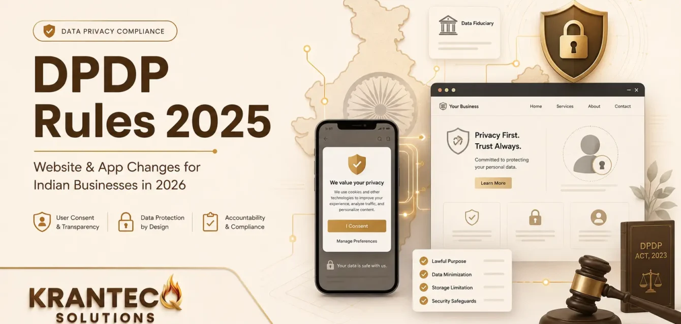 dpdp-rules-krantecq DPDP Rules 2025 featured image showing website and mobile app privacy compliance, user consent, data protection, Indian business technology, and Krantecq Solutions branding.