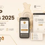 DPDP Rules 2025 featured image showing website and mobile app privacy compliance, user consent, data protection, Indian business technology, and Krantecq Solutions branding.