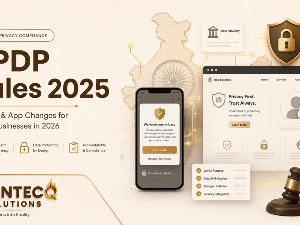 DPDP Rules 2025 featured image showing website and mobile app privacy compliance, user consent, data protection, Indian business technology, and Krantecq Solutions branding.