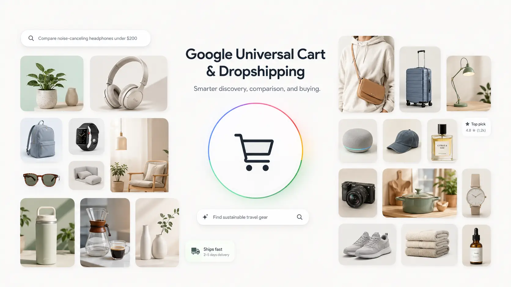 Google Universal Cart dropshipping banner showing AI-powered shopping, product discovery, ecommerce products, and a central cart icon for online sellers.