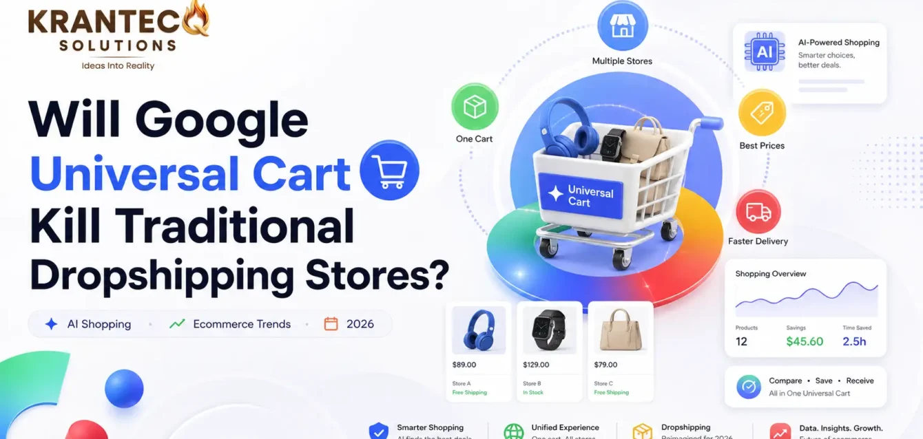 Google Universal Cart dropshipping featured image showing AI-powered ecommerce shopping, product comparison, online cart automation, and Krantecq Solutions branding.
