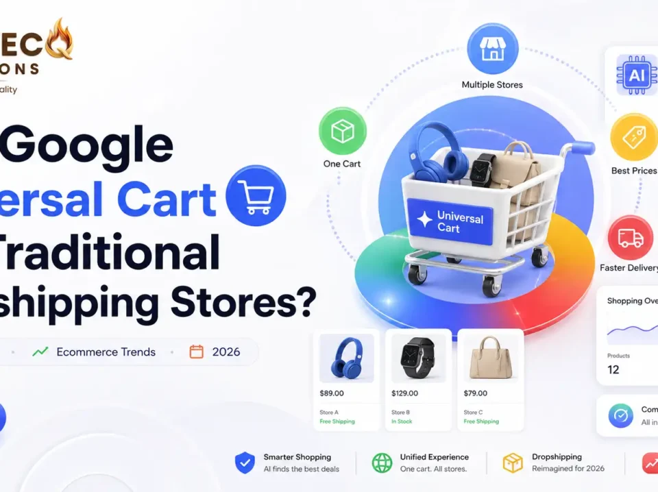 Google Universal Cart dropshipping featured image showing AI-powered ecommerce shopping, product comparison, online cart automation, and Krantecq Solutions branding.