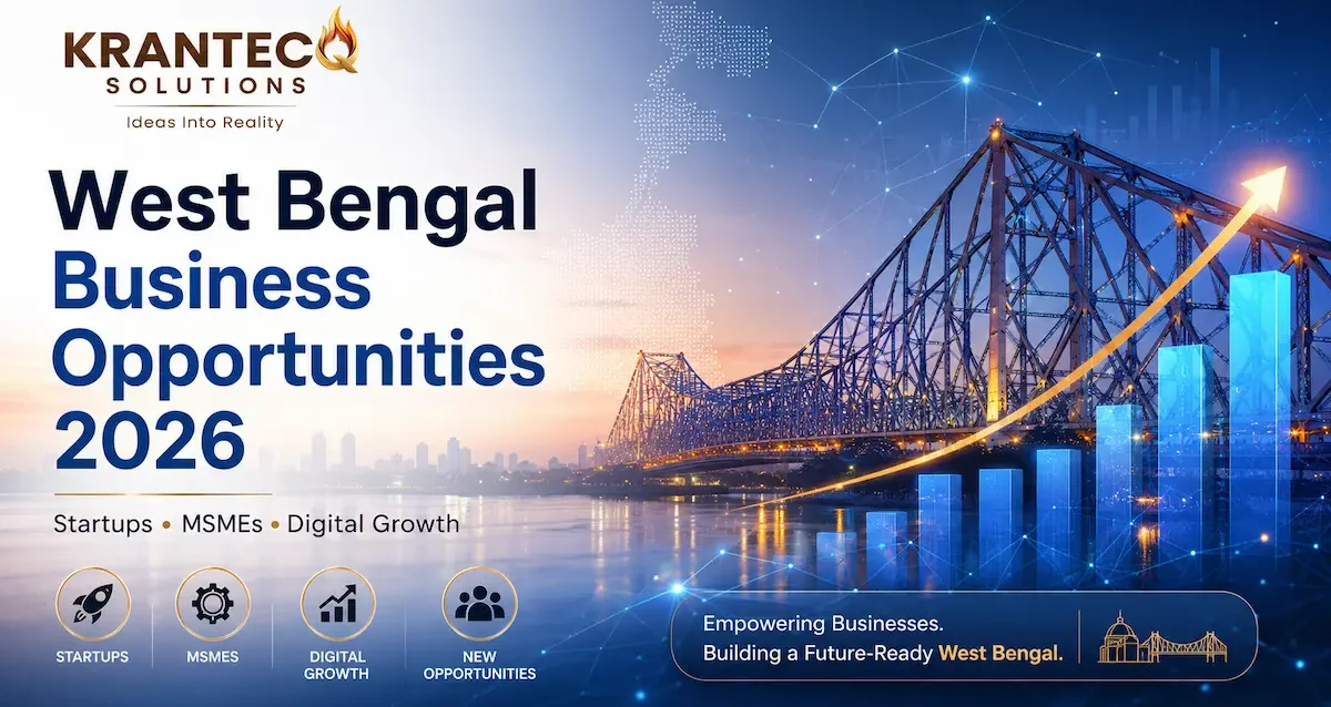 West Bengal business opportunities 2026 featured image showing Howrah Bridge, digital growth chart, startups, MSMEs and Krantecq Solutions branding.
