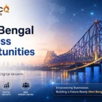 West Bengal business opportunities 2026 featured image showing Howrah Bridge, digital growth chart, startups, MSMEs and Krantecq Solutions branding.