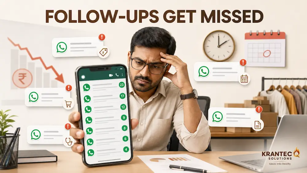 Small business owner overwhelmed by missed WhatsApp customer follow-ups, reminders, enquiries, and sales opportunities.