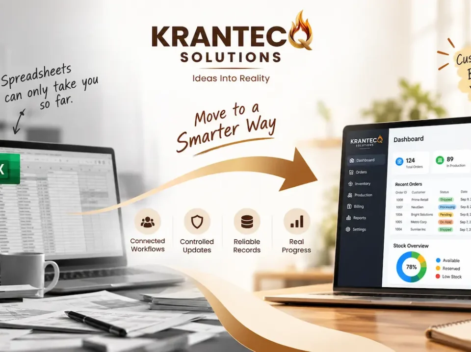 replace-krantecq Replace Excel with custom software to connect inventory, orders, and team management in one dashboard.