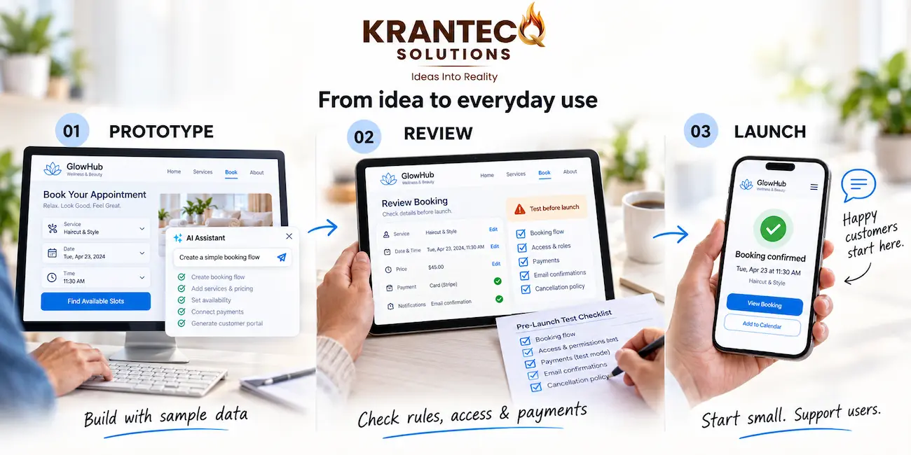 AI business app development journey from prototype through review to launch.